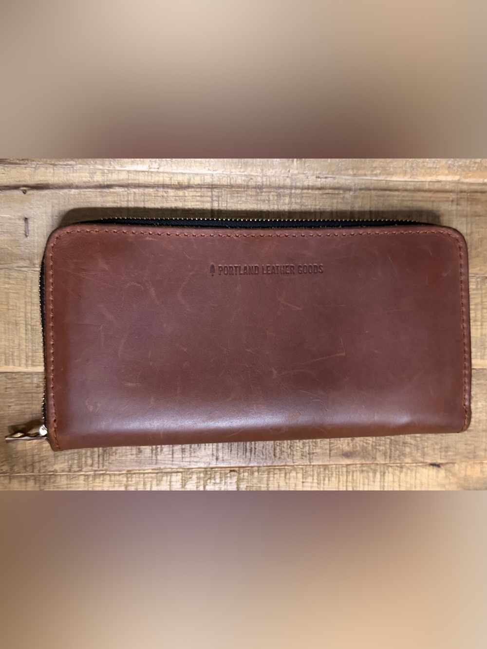 EUC! Portland Leather Goods Accordion Zip Wallet Cognac Brown Genuine Leather